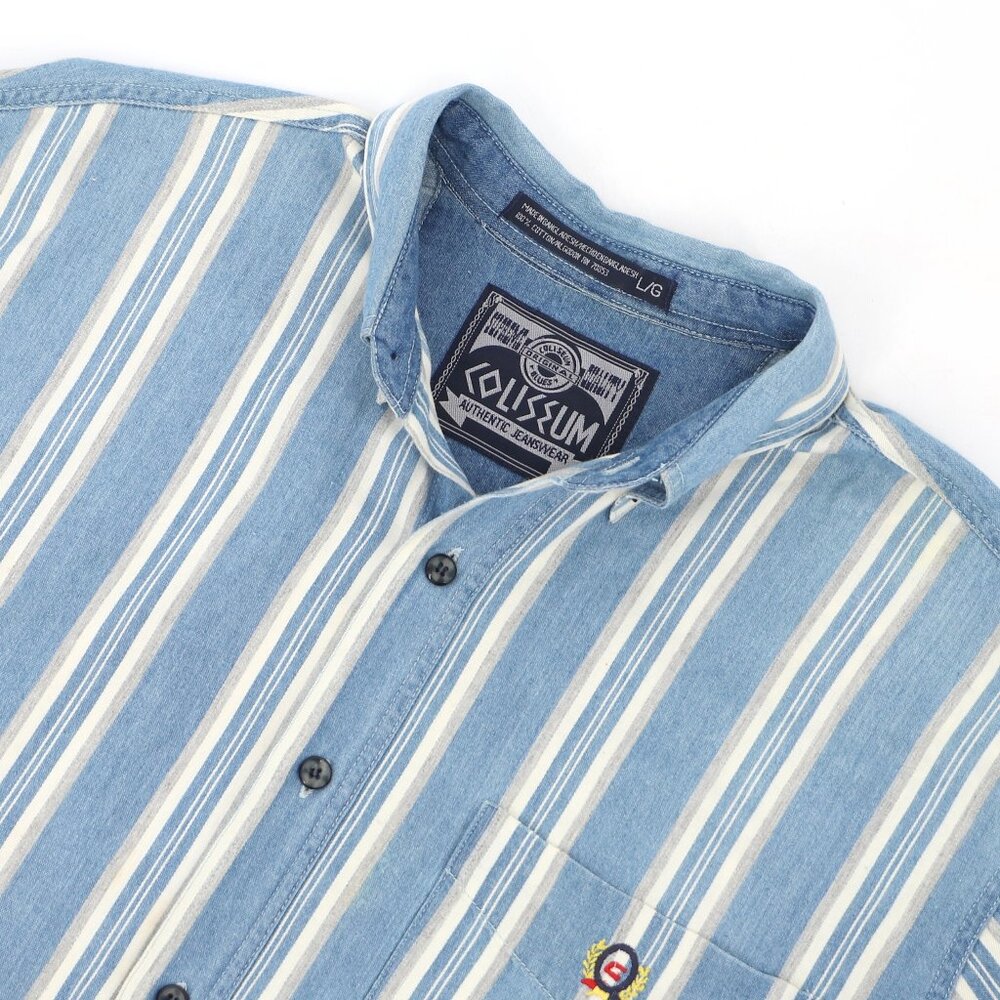 VINTAGE COLISEUM Men's Blue Striped Denim Button Front Short Sleeve Shirt Size L